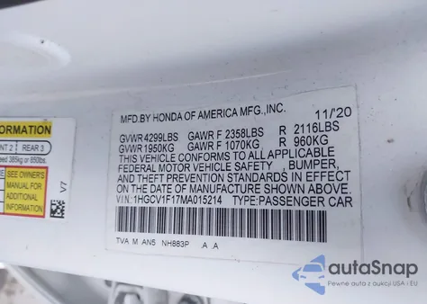 2021 Honda Accord Lx z USA, uszkodzony, nr VIN 1HGCV1F17MA015214